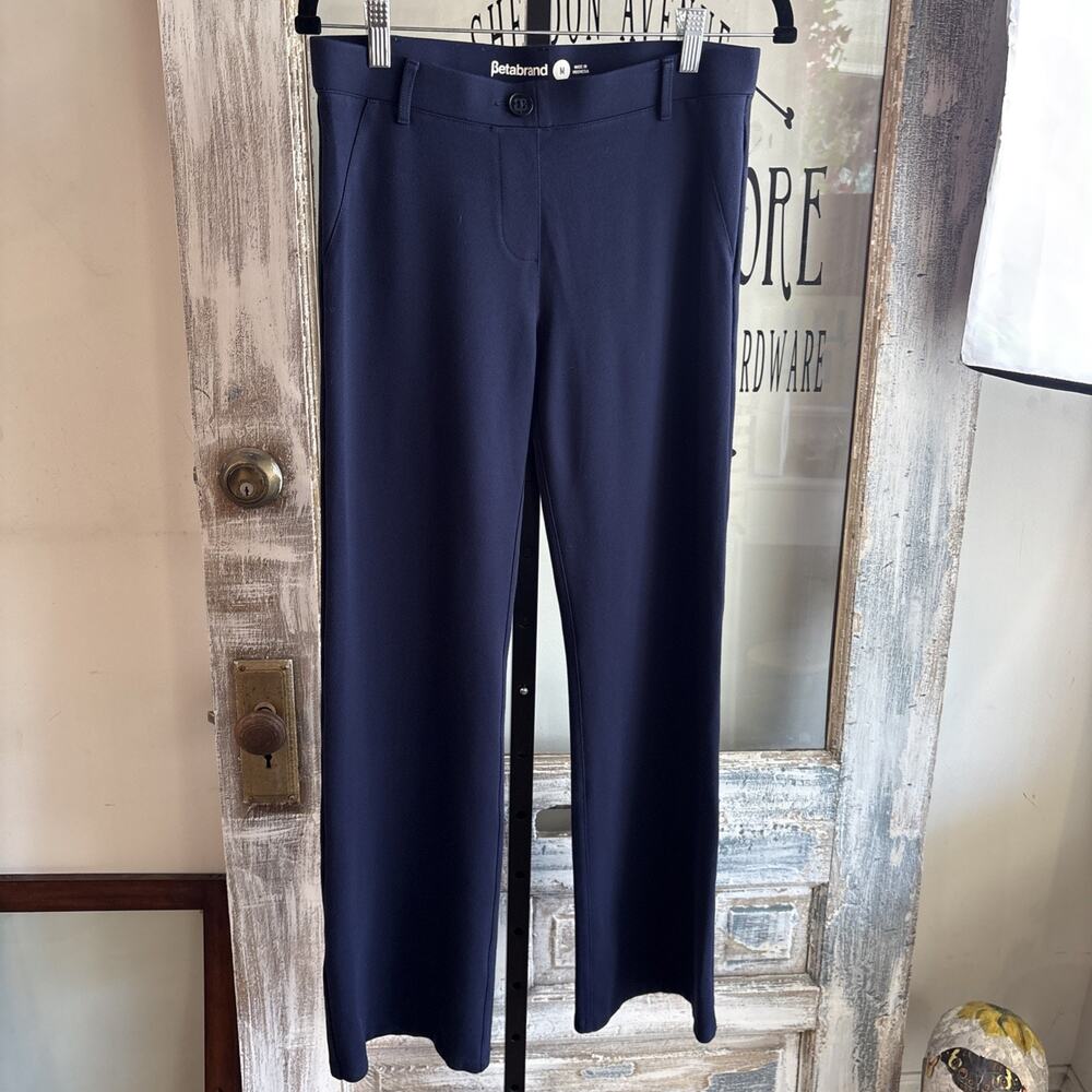 Betabrand Women’s Navy Dress Pant Yoga Pants Stretch Button Closure Size Medium